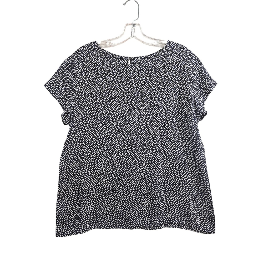 Anne Klein Blouse Women Medium Petite Black Silk Polka Dot Short Sleeve Zip Back